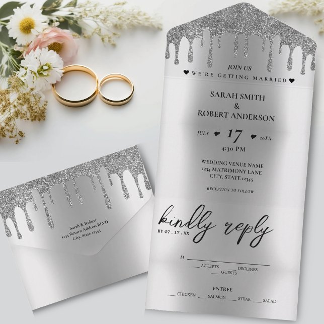 Invitation Tout En Un Mariage de Parties scintillant argent (Silver Glitter Drip Wedding All In One Invitation)