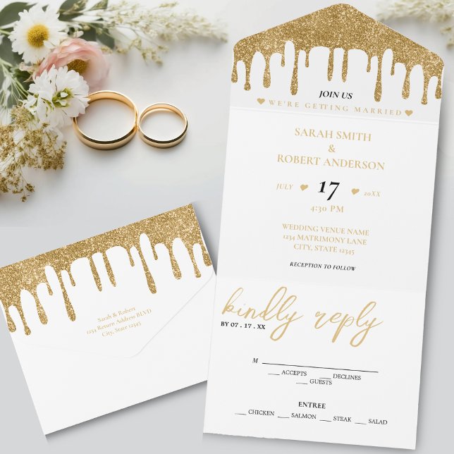 Invitation Tout En Un Mariage de Parties scintillant blanc et or (White & Gold Glitter Drip Wedding All In One Invitation)