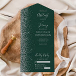 Invitation Tout En Un Mariage de Parties scintillant moderne Emerald Gre<br><div class="desc">Le bord gauche de cette élégante faire-part de mariage tout-en-un moderne et RSVP présente une bordure en faux parties scintillant argentée. Le texte personnalisable combine écriture lunatique gris argenté, copperplate et polices italiques sur un arrière - plan vert émeraude. L'adresse de retour apparaît sur le rabat extérieur et sur le...</div>