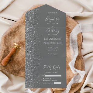 Invitation Tout En Un Mariage de Parties scintillant moderne gris argent