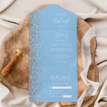 Invitation Tout En Un Mariage de Parties scintillant moderne Pastel Bleu<br><div class="desc">Le bord gauche de cette élégante faire-part de mariage tout-en-un moderne et RSVP présente une bordure en faux parties scintillant argentée. Le texte personnalisable combine écriture blanche fantaisie, cuivre et polices italiques sur un arrière - plan bleu bébé pastel. L'adresse de retour apparaît sur le rabat extérieur et sur le...</div>