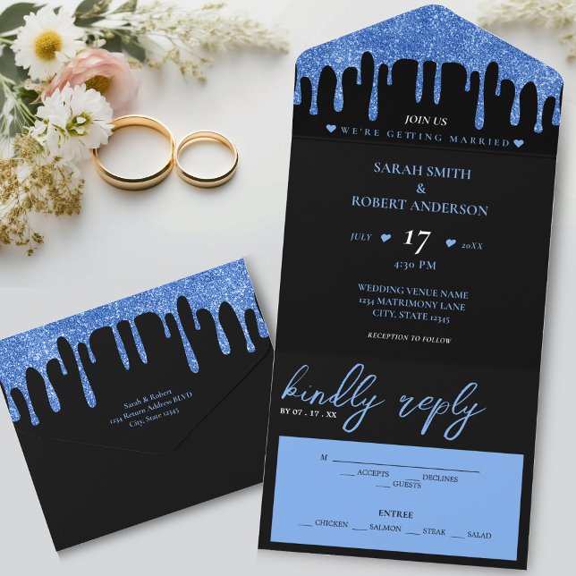Invitation Tout En Un Mariage de Parties scintillant noir et bleu (Black & Blue Glitter Drip Wedding All In One Invitation)