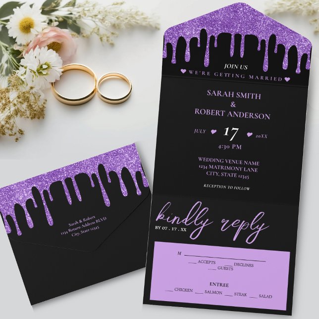 Invitation Tout En Un Mariage de Parties scintillant noir et pourpre (Black & Purple Glitter Drip Wedding All In One Invitation)