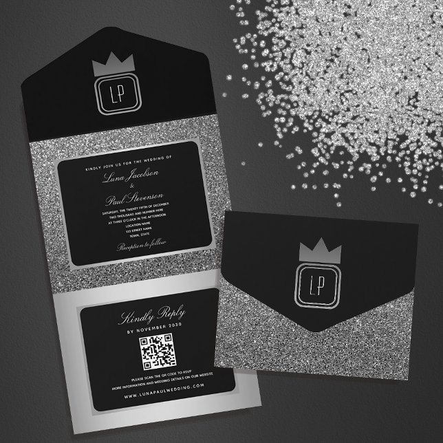Invitation Tout En Un Mariage de Parties scintillant noire en argent de  (Créateur téléchargé)