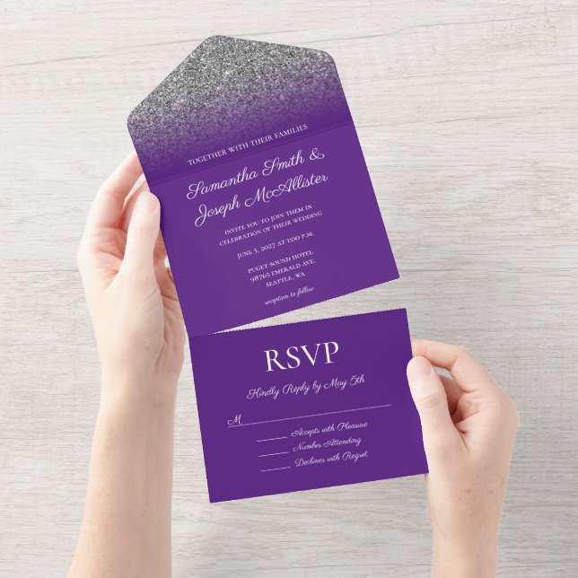 Invitation Tout En Un Mariage de Parties scintillant Royal Purple et Sil (Déchirure)