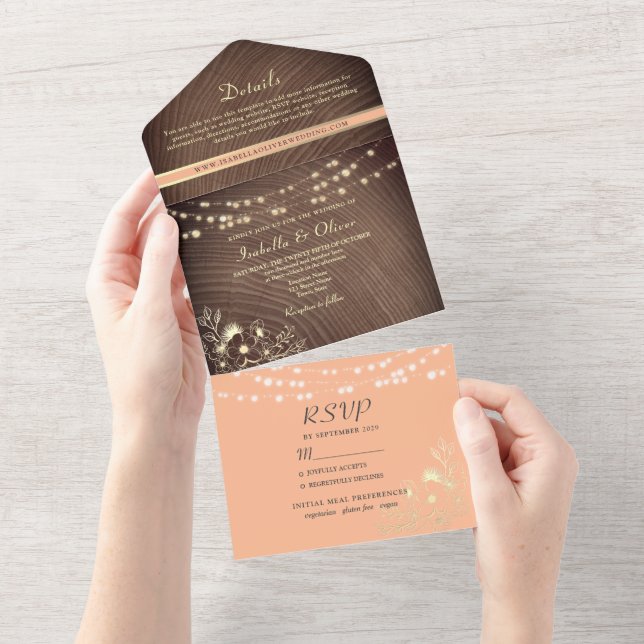 Invitation Tout En Un Mariage de pêche rustique en bois (Déchirure)