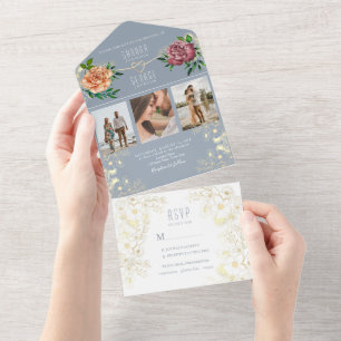 Invitation Tout En Un Mariage de photos florale bleu et rose