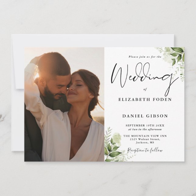 Invitation Tout en un Mariage de photos florales de verdure (Devant)