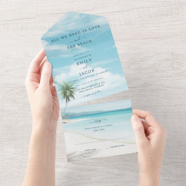 Invitation Tout En Un Mariage de plage à l'aquarelle  (Déchirure)
