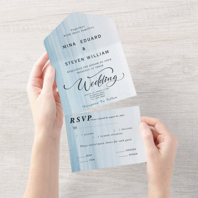 Invitation Tout En Un Mariage de plage à l'aquarelle moderne  (Déchirure)