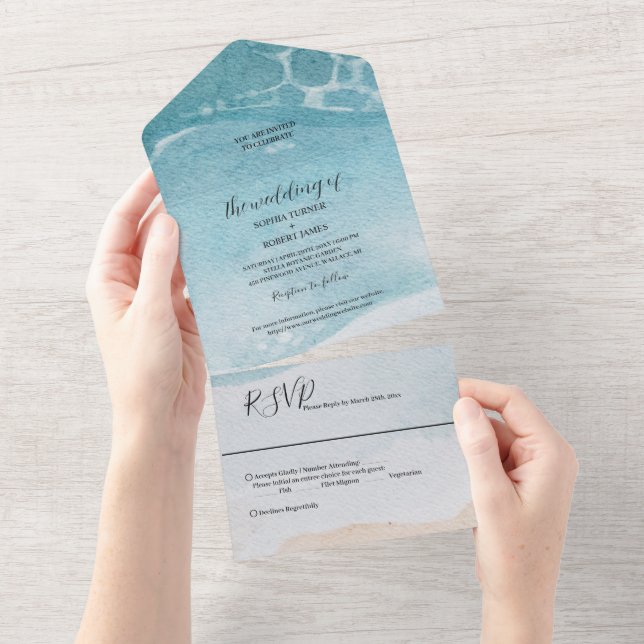 Invitation Tout En Un Mariage de plage bleu d'été (Déchirure)