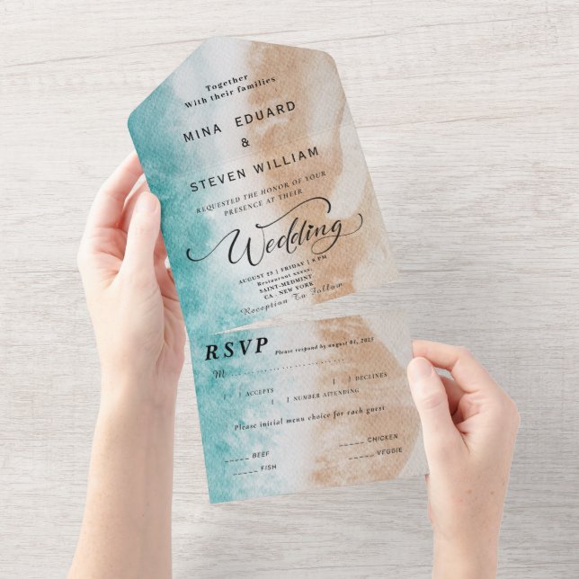 Invitation Tout En Un Mariage de plage Watercolor (Déchirure)