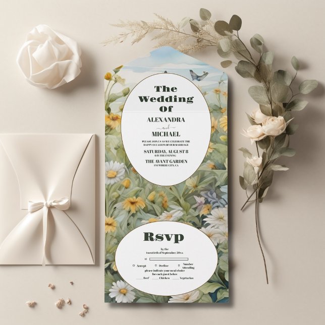 Invitation Tout En Un Mariage de prairie rustique aquarelle (Créateur téléchargé)