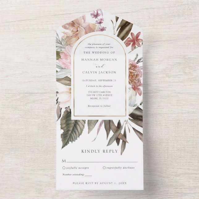 Invitation Tout En Un Mariage de roses bohèmes à l'aquarelle rose et bur (À l'intérieur)