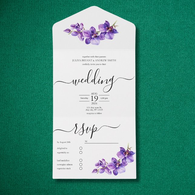 Invitation Tout En Un Mariage de script blanc et violet orchidée (Créateur téléchargé)