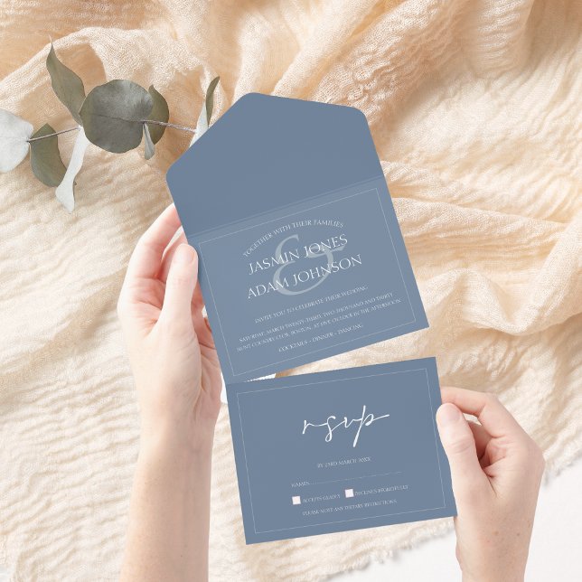 Invitation Tout En Un Mariage de script bleu poussiéreux minimal (Créateur téléchargé)