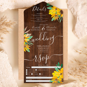 Invitation Tout En Un Mariage de script de bois de tournesol rustique