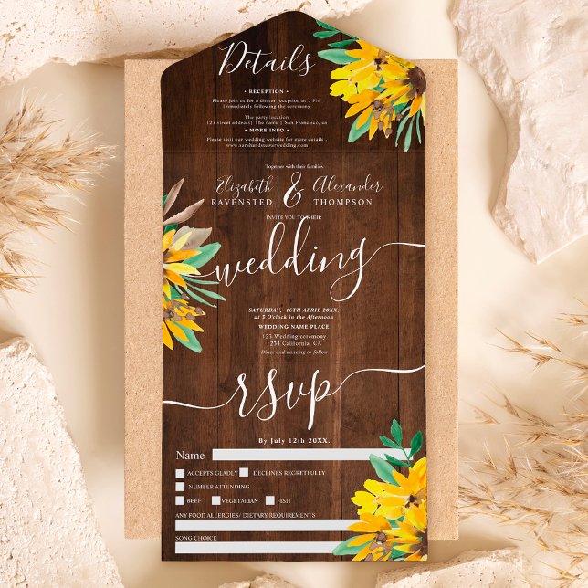 Invitation Tout En Un Mariage de script de bois de tournesol rustique (Créateur téléchargé)