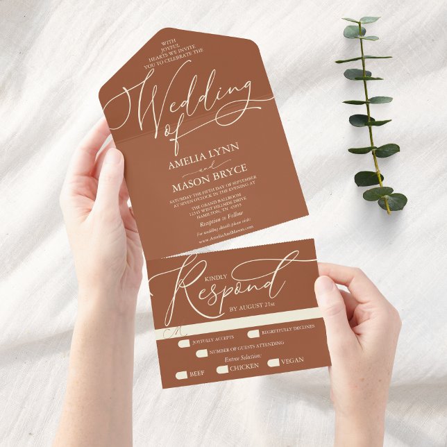Invitation Tout En Un Mariage de script de calligraphie en terre cuite e (Terracotta and Cream Elegant Script Wedding Initiation All in One)