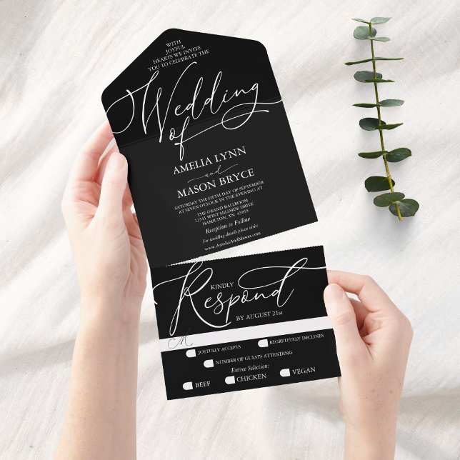 Invitation Tout En Un Mariage de script de calligraphie noir et blanc (Black with White Calligraphy Script All in One Wedding Invitation)