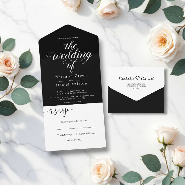 Invitation Tout En Un Mariage de script de calligraphie noir et blanc cl (Créateur téléchargé)