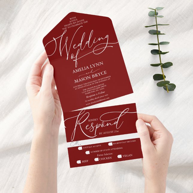 Invitation Tout En Un Mariage de script de calligraphie rouge et blanc (All in one Red Fancy Calligraphy Script Wedding Invitation)