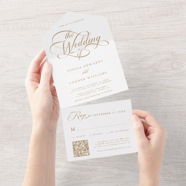 Invitation Tout En Un Mariage de script élégant Delicate Gold & White (Déchirure)