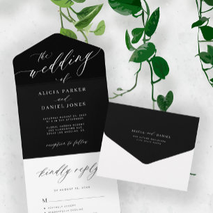 Invitation Tout En Un Mariage de script élégant minimaliste noir et blan