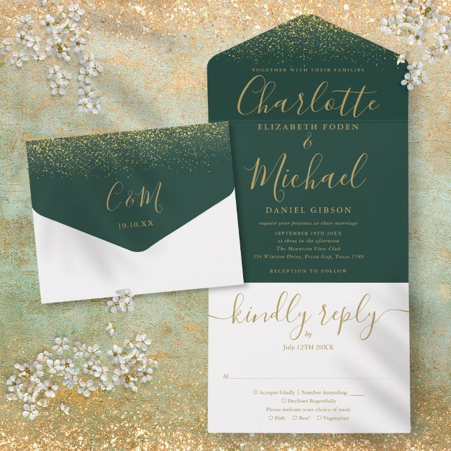 Invitation Tout En Un Mariage De Script Emerald Green Et Gold Parties sc (Emerald Green And Gold Glitter Script Wedding All In One Invitation)