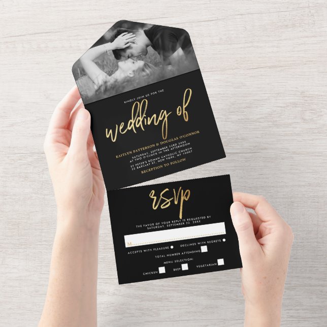 Invitation Tout En Un Mariage de script Gold Foil (Déchirure)