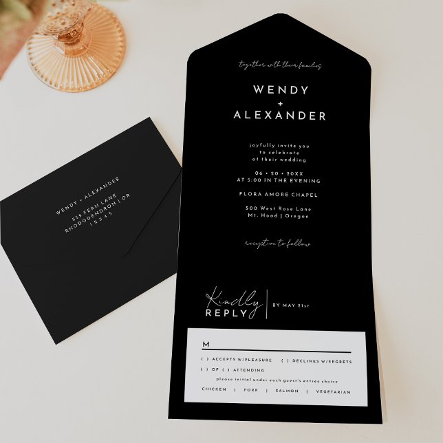 Invitation Tout En Un Mariage de script moderne noir tout en une invitat (Créateur téléchargé)