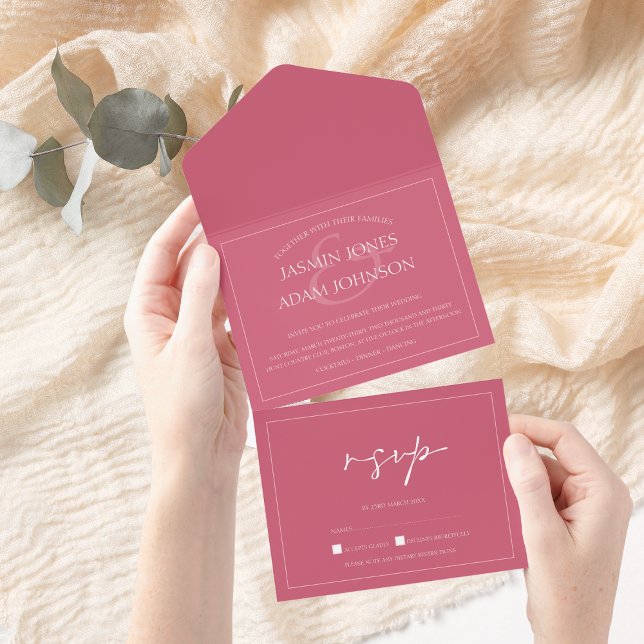 Invitation Tout En Un Mariage de script rose magenta minimal (Créateur téléchargé)