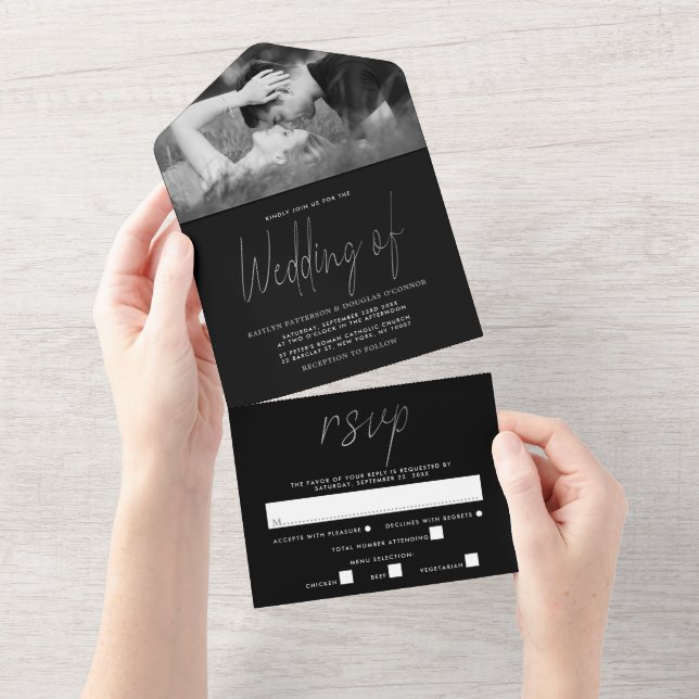 Invitation Tout En Un Mariage de script Silver moderne (Déchirure)