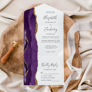 Invitation Tout En Un Mariage de script Whimsical de l'Agate d'or violet