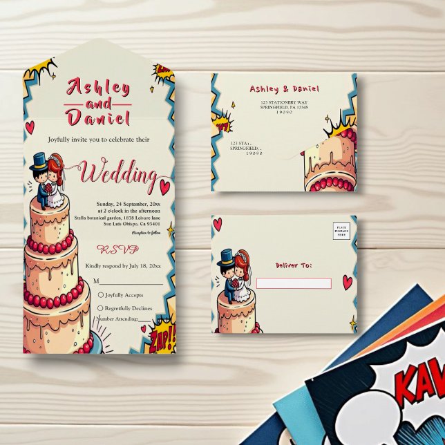 Invitation Tout En Un Mariage de style comique Retro Bride & Groom Pop (Créateur téléchargé)