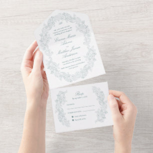 Invitation Tout En Un Mariage de style Régence bleu avec écriture classi