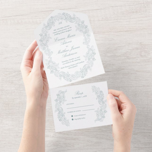 Invitation Tout En Un Mariage de style Régence bleu avec écriture classi (Déchirure)