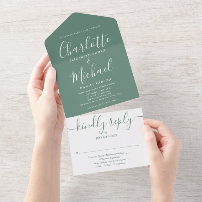 Invitation Tout En Un Mariage de style script signature moderne vert euc (Déchirure)