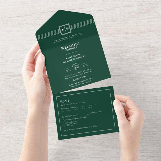 Invitation Tout En Un mariage de texte RSVP 3in1 Emerald Green RSVP (Déchirure)