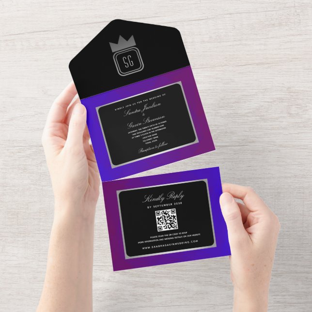 Invitation Tout En Un Mariage de ton chic noir pourpre (Déchirure)