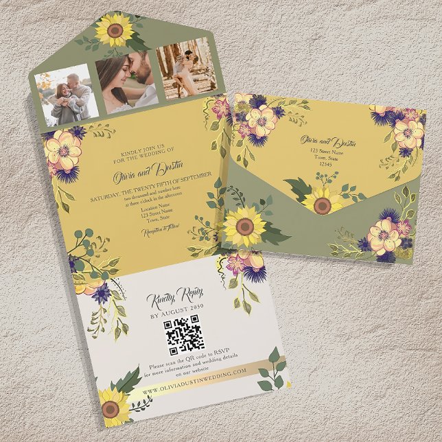 Invitation Tout En Un Mariage de tournesol gris et jaune (Créateur téléchargé)