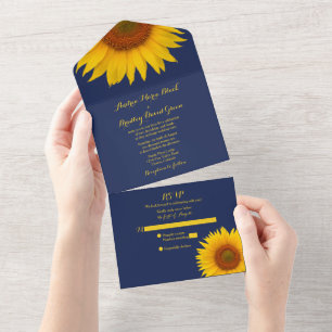 Invitation Tout En Un Mariage de Tournesol jaune bleu marine RSVP