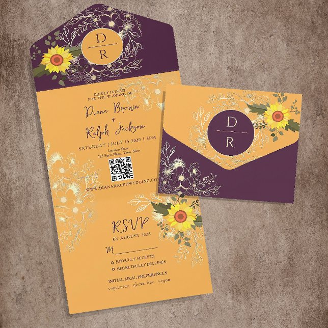Invitation Tout En Un Mariage de tournesol jaune et violet (Créateur téléchargé)