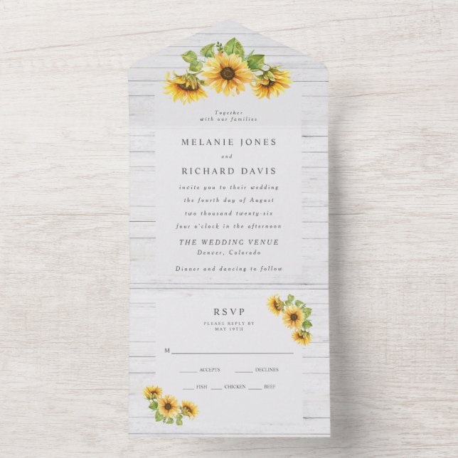 Invitation Tout En Un Mariage de tournesol rustique (À l'intérieur)
