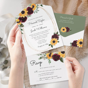 Invitation Tout En Un Mariage de tournesol rustique avec RSVP