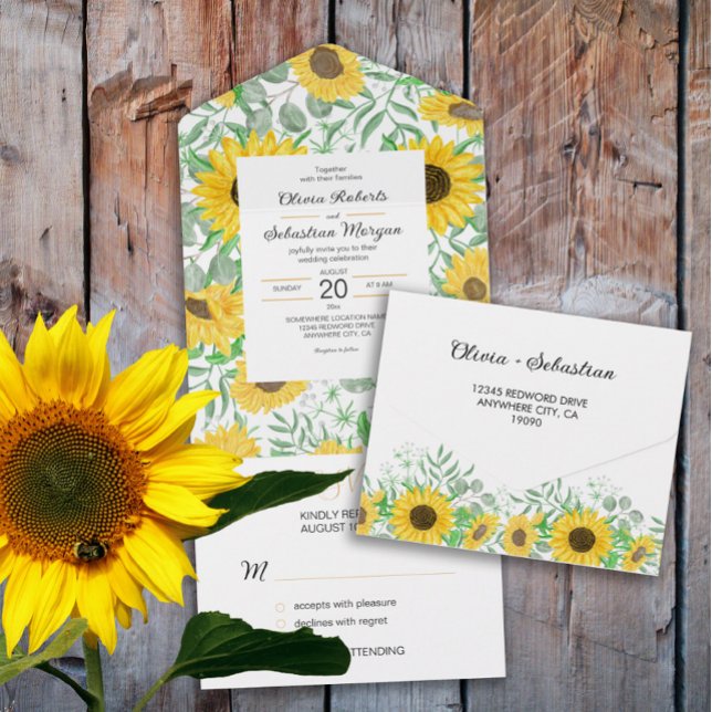 Invitation Tout En Un Mariage de tournesols aquarelle (Créateur téléchargé)