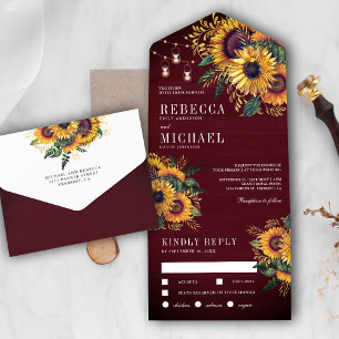 Invitation Tout En Un Mariage de tournesols Boho Boho Rustique Bourgogne