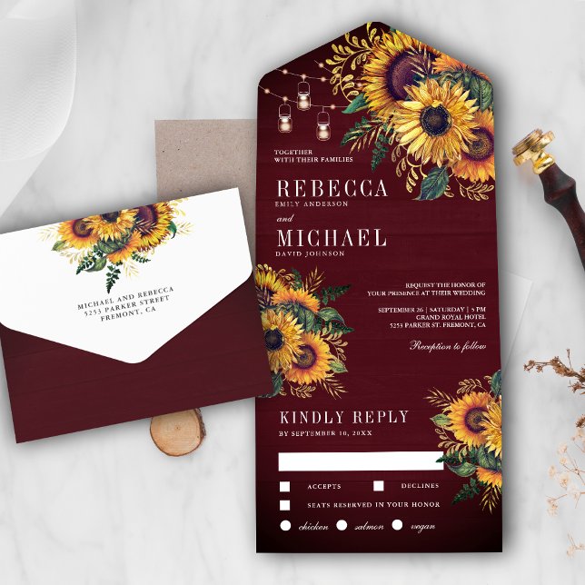 Invitation Tout En Un Mariage de tournesols Boho Boho Rustique Bourgogne (Créateur téléchargé)