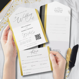 Invitation Tout En Un Mariage de typographie Elegant Black Grey Gold Str