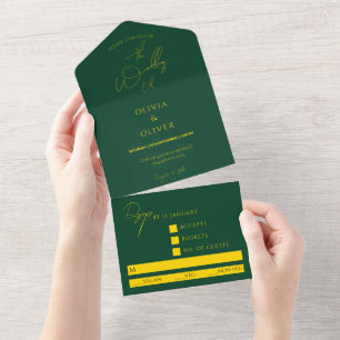 Invitation Tout En Un Mariage de typographie en or vert monogramme perso